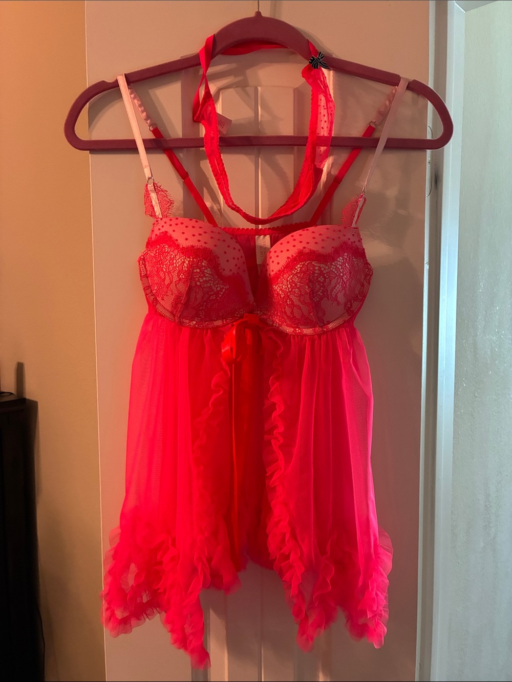 Victoria's Secret Hot Pink Lace & Mesh Babydoll Chemise